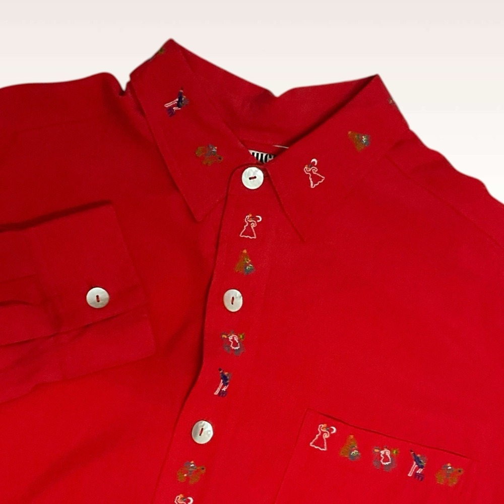 Chico's Design Red Silk Button Front Blouse Shirt Women's Size 2 XL / 16 Embroid